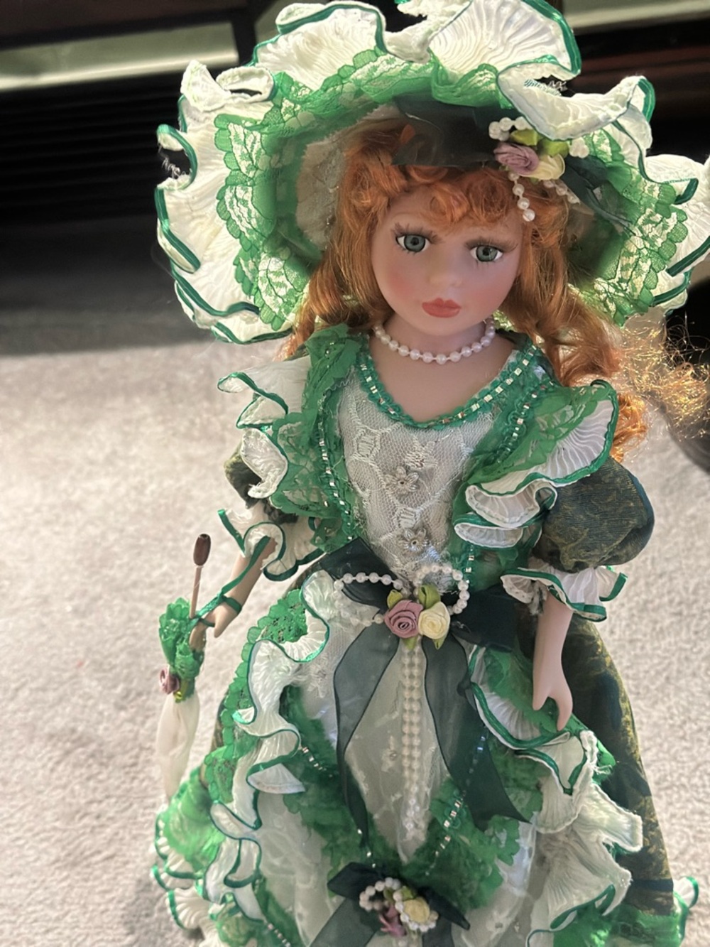Porcelain Victorian Style Doll in Green Lace Dress